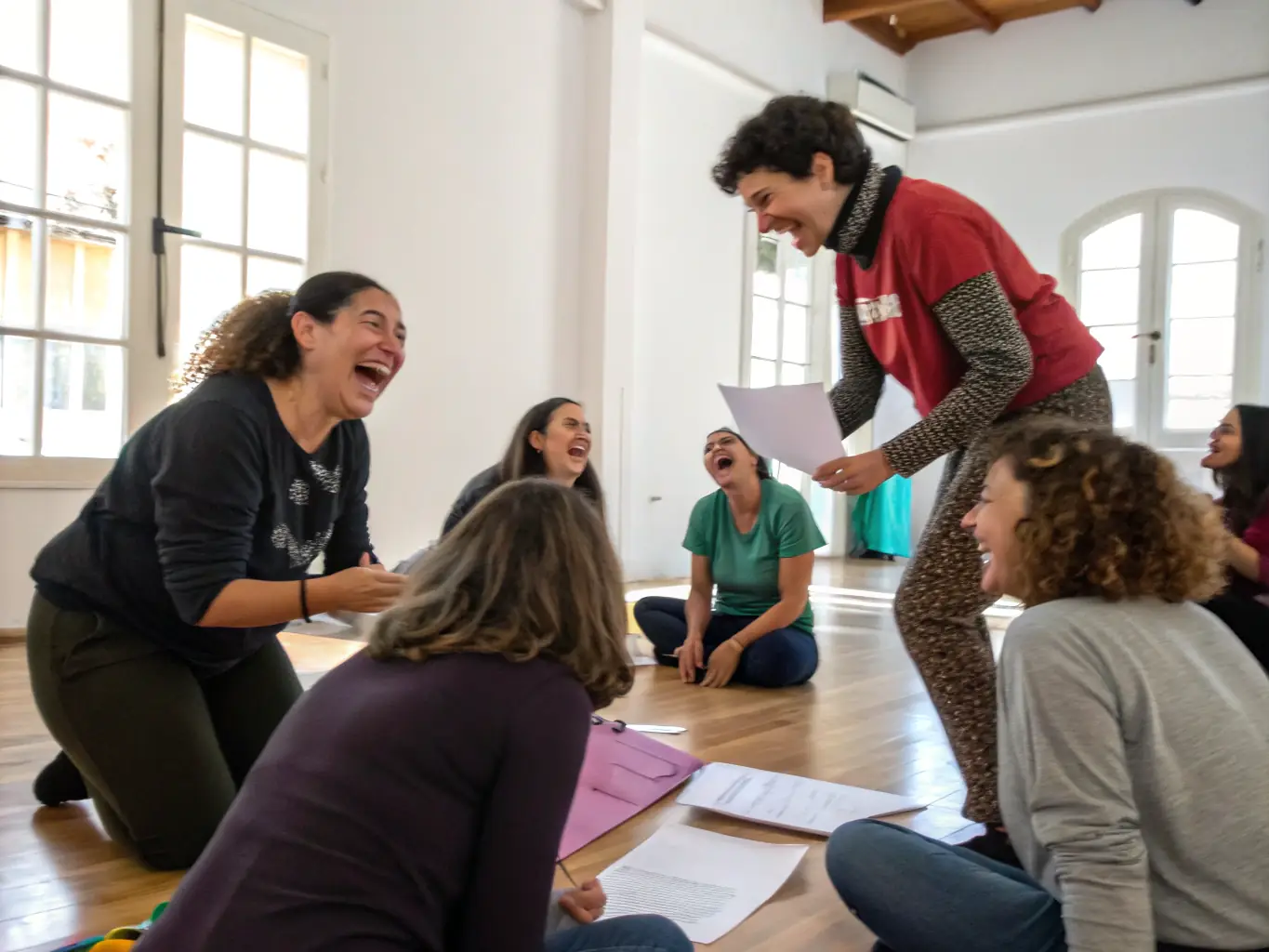 A group of diverse individuals participating in an improv workshop, laughing and engaging in a scene, showcasing the fun and collaborative nature of the activity.
