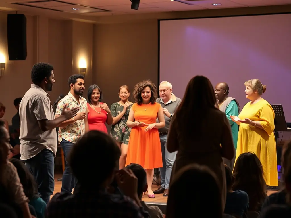 A dynamic image capturing a group of participants fully engaged in an improv workshop, showcasing laughter, collaboration, and spontaneous creativity on stage.