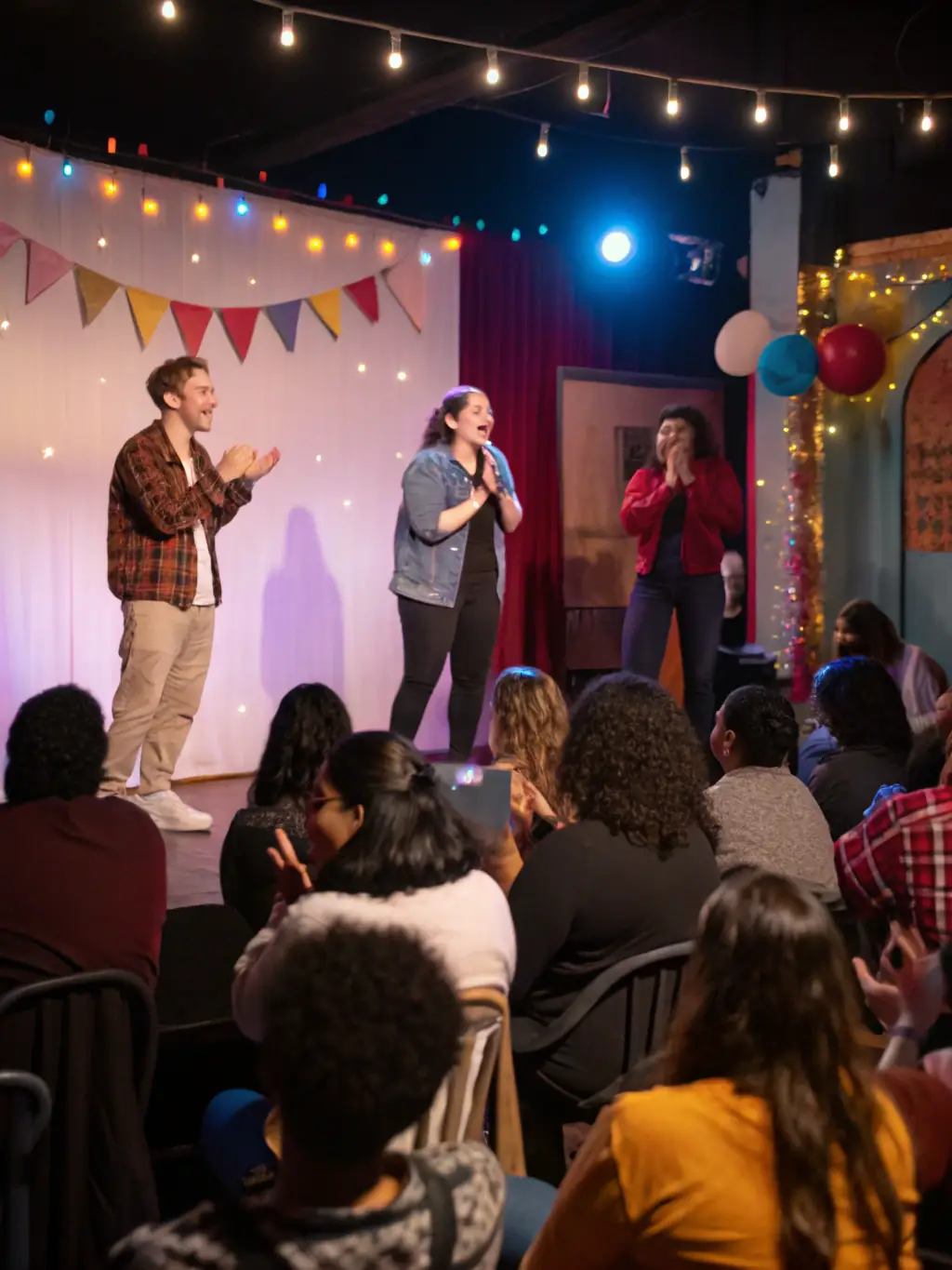 A photo of a live improvisational theatre performance, with actors on stage interacting with each other and the audience, capturing the energy and excitement of a LIC LIGUE D IMPROVISATION CHARENTES show.