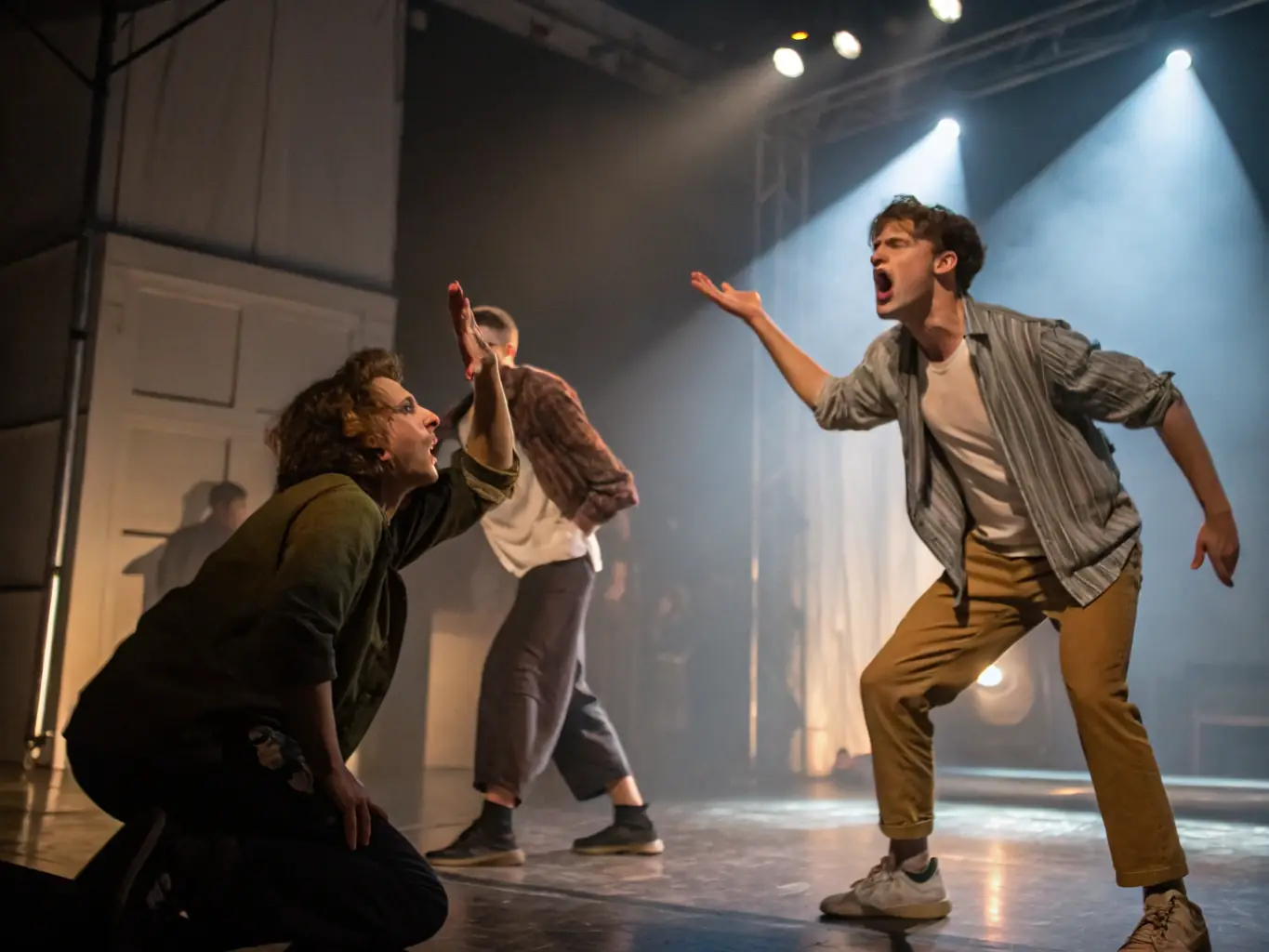 A vibrant photo of performers in the middle of an engaging improv performance, highlighting the energy, humor, and connection with the audience.