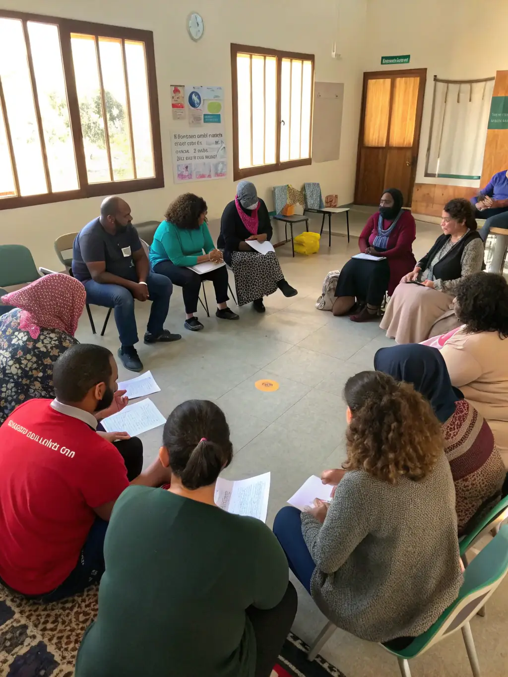 A group of people participating in an improv workshop, laughing and engaged in an activity, showcasing the fun and interactive nature of the workshops offered by LIC LIGUE D IMPROVISATION CHARENTES.