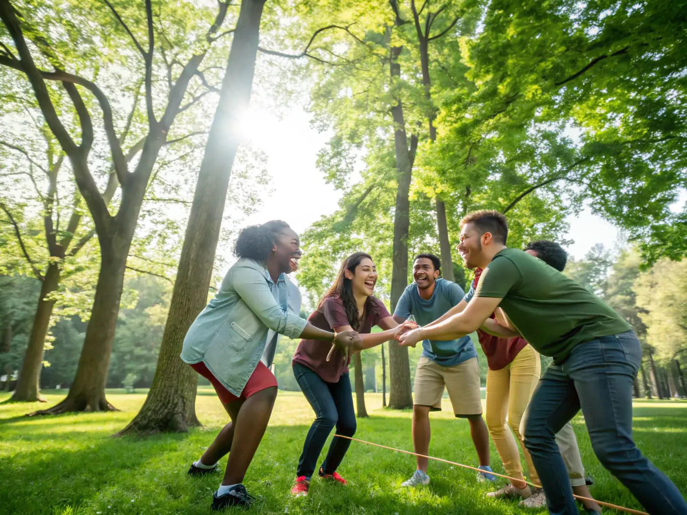 A behind-the-scenes shot of a community outreach program, showing instructors leading an improv session with local youth, fostering creativity and teamwork.